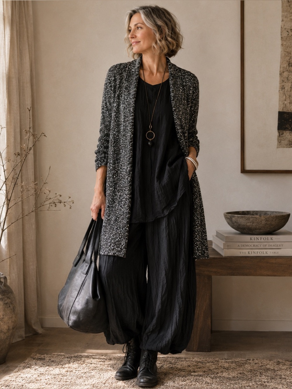Eileen Fisher XL 100% Cotton Open Front Long Cardigan Black White Textured Knit